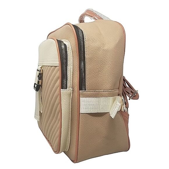 Double zip Square Top Tan and Cream backpack purse - Picture 7 of 9